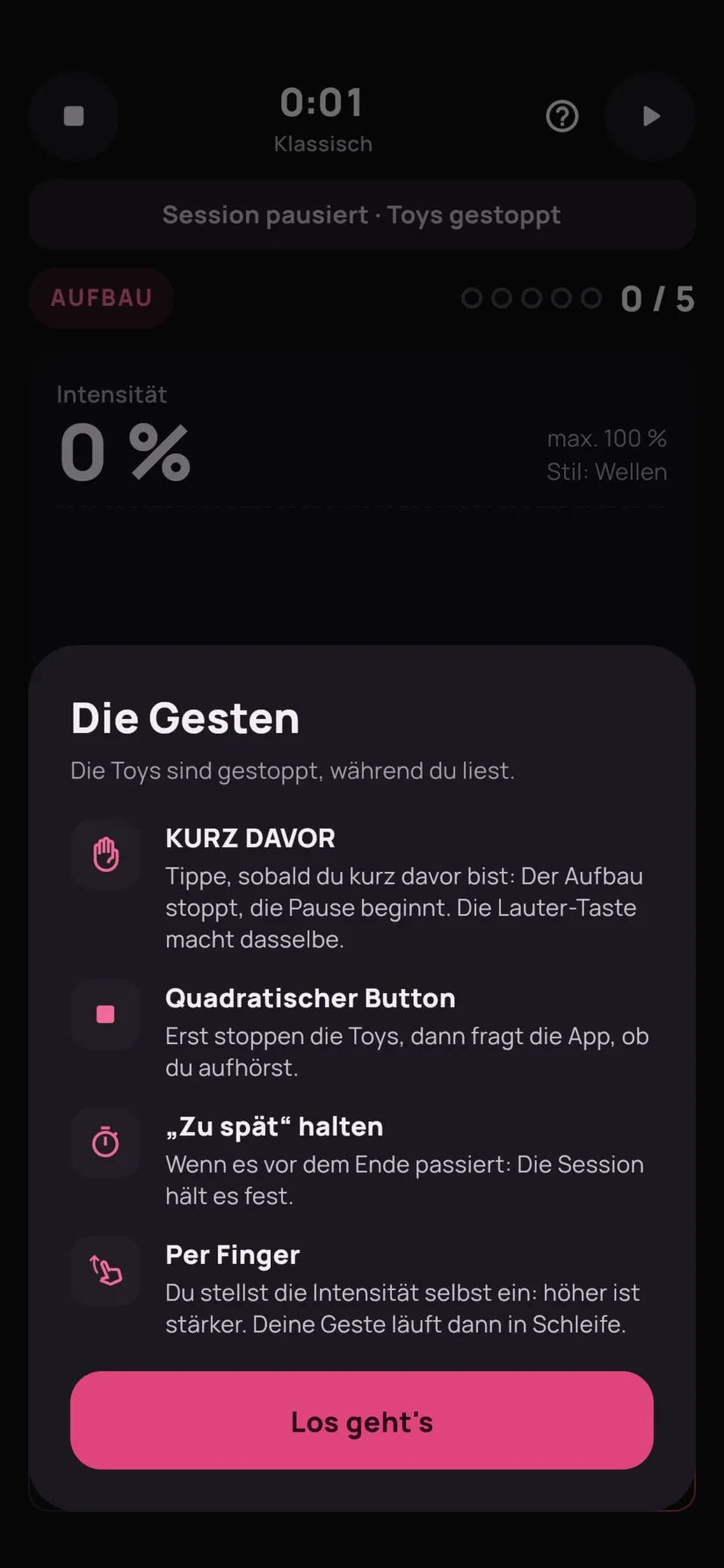 Die Gestenübersicht: Kurz davor, Stopp-Button, Zu spät gedrückt halten, Fingersteuerung.