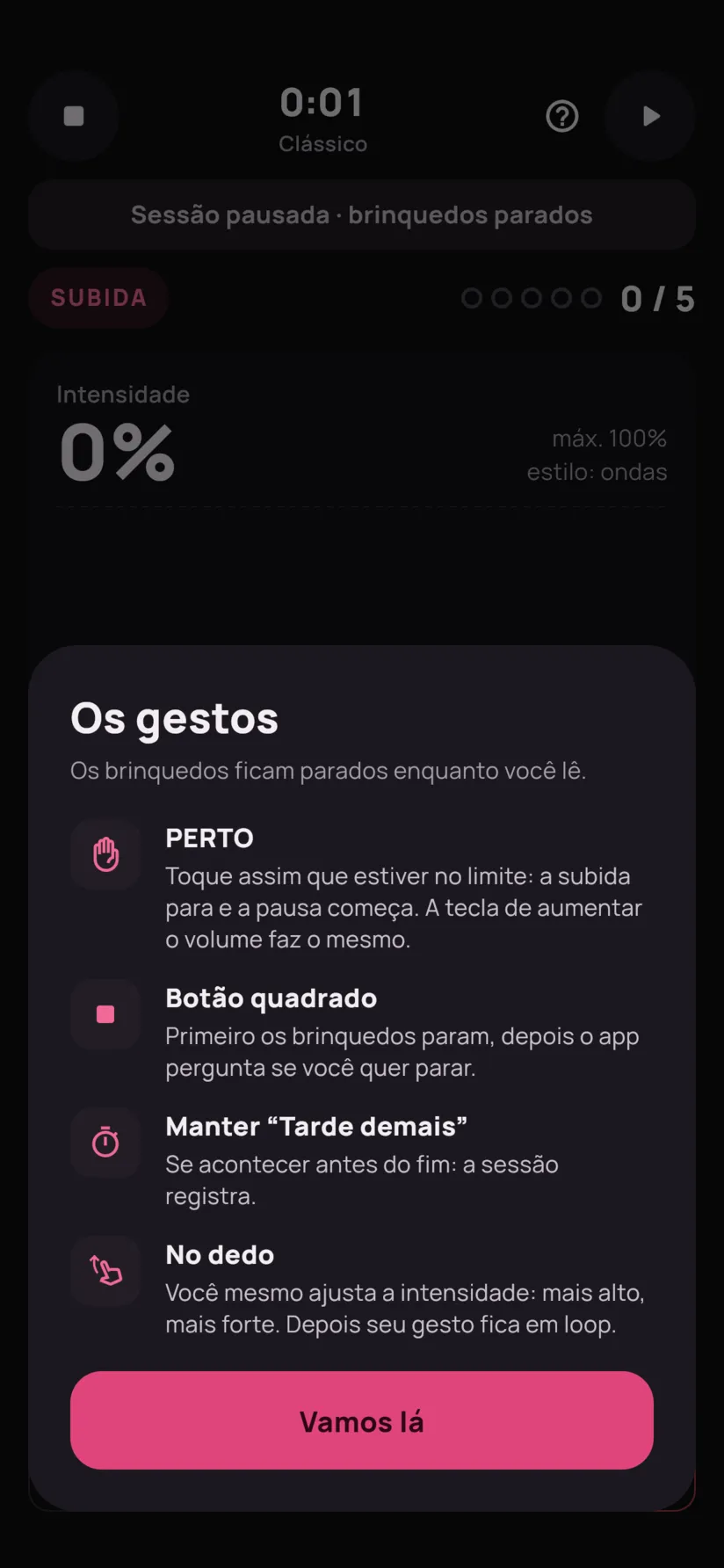 A ficha dos gestos: Perto, botão de parar, segurar Tarde demais, controle com o dedo.