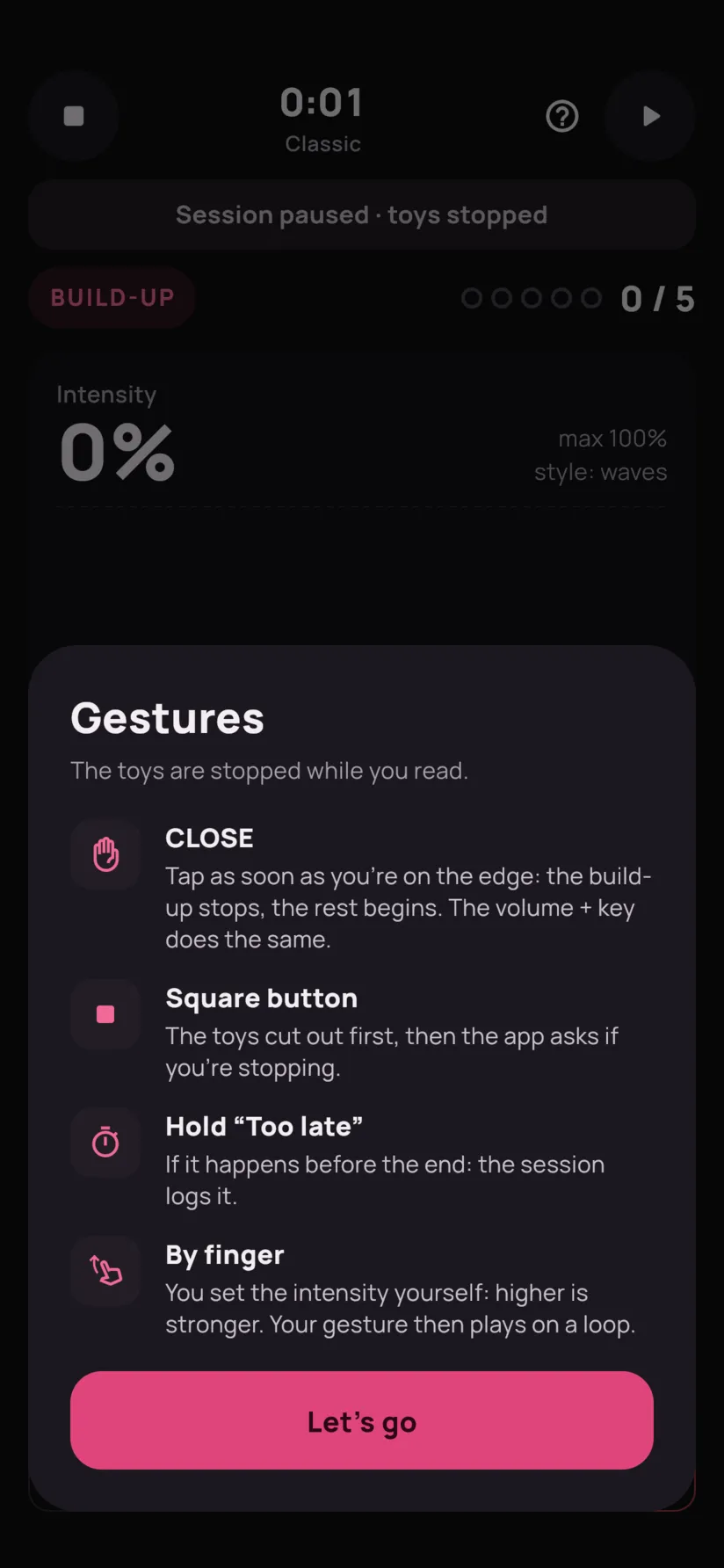 The gestures sheet: Close, stop button, hold Too late, finger control.