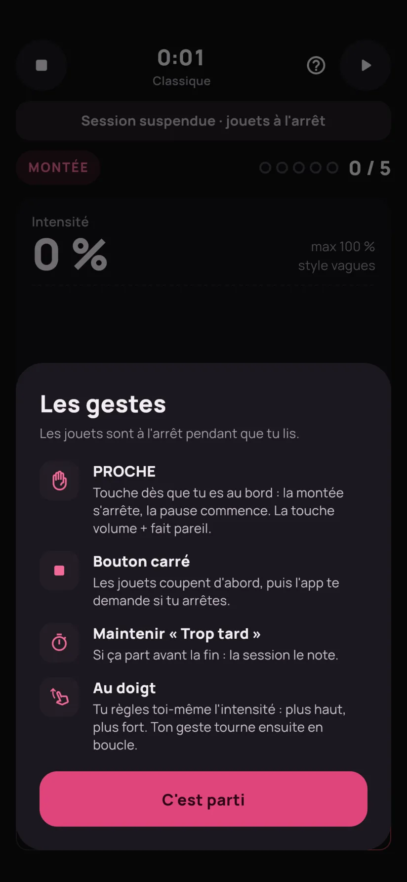 La fiche des gestes : Proche, bouton stop, maintenir Trop tard, contrôle au doigt.