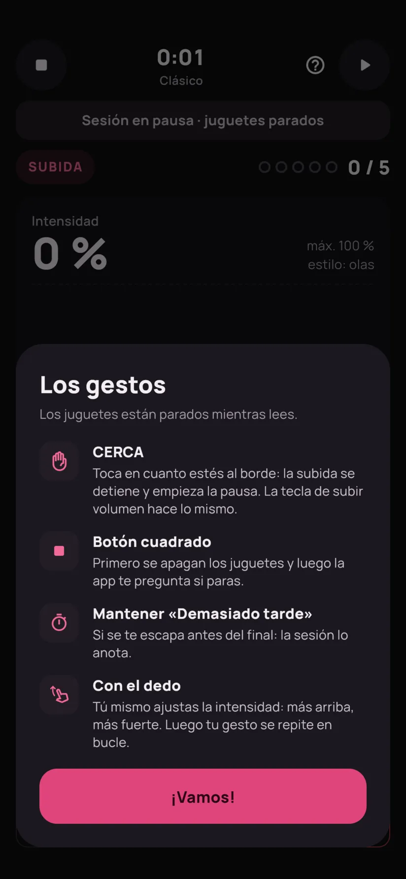 La ficha de gestos: Cerca, botón de parada, mantener Demasiado tarde, control con el dedo.
