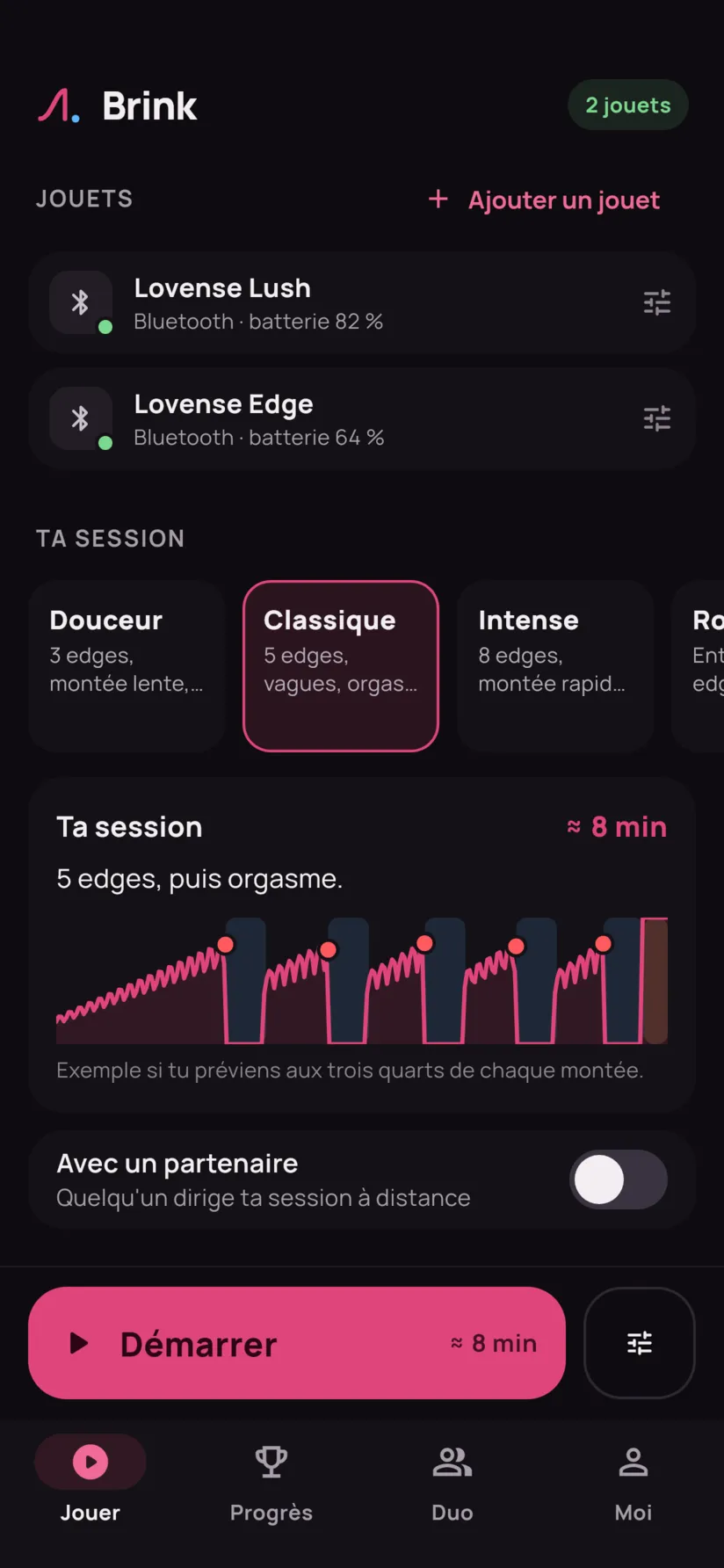L'onglet Jouer : deux jouets connectés, Lovense Lush et Lovense Edge, les préréglages, l'aperçu de la session et le bouton Démarrer.