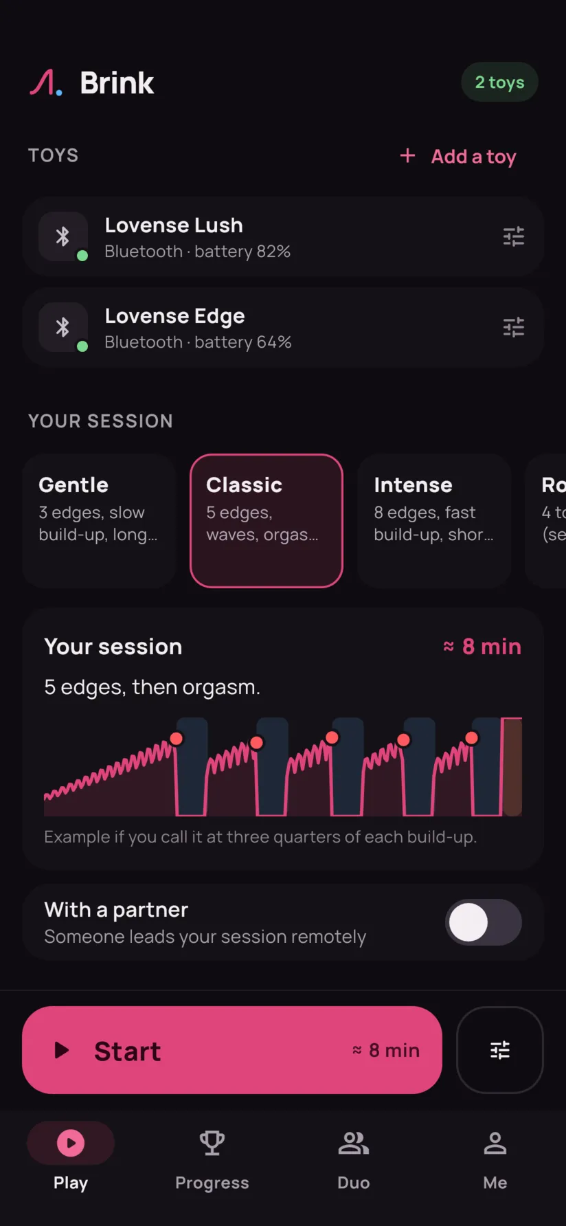 The Play tab: two connected toys, Lovense Lush and Lovense Edge, the presets, the session preview and the Start button.