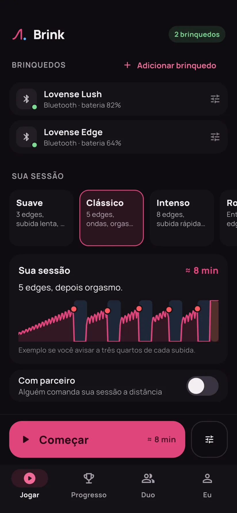 A aba Jogar: dois brinquedos conectados, Lovense Lush e Lovense Edge, as predefinições, a prévia da sessão e o botão Começar.