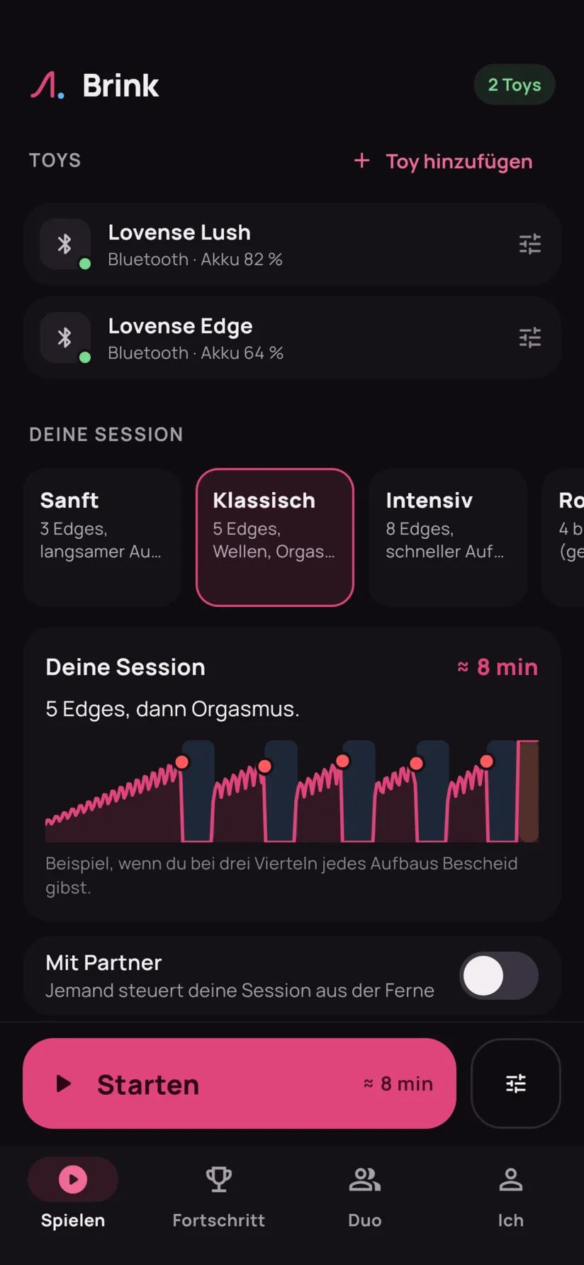 Der Tab Spielen: zwei verbundene Toys, Lovense Lush und Lovense Edge, die Vorlagen, die Session-Vorschau und der Button Starten.