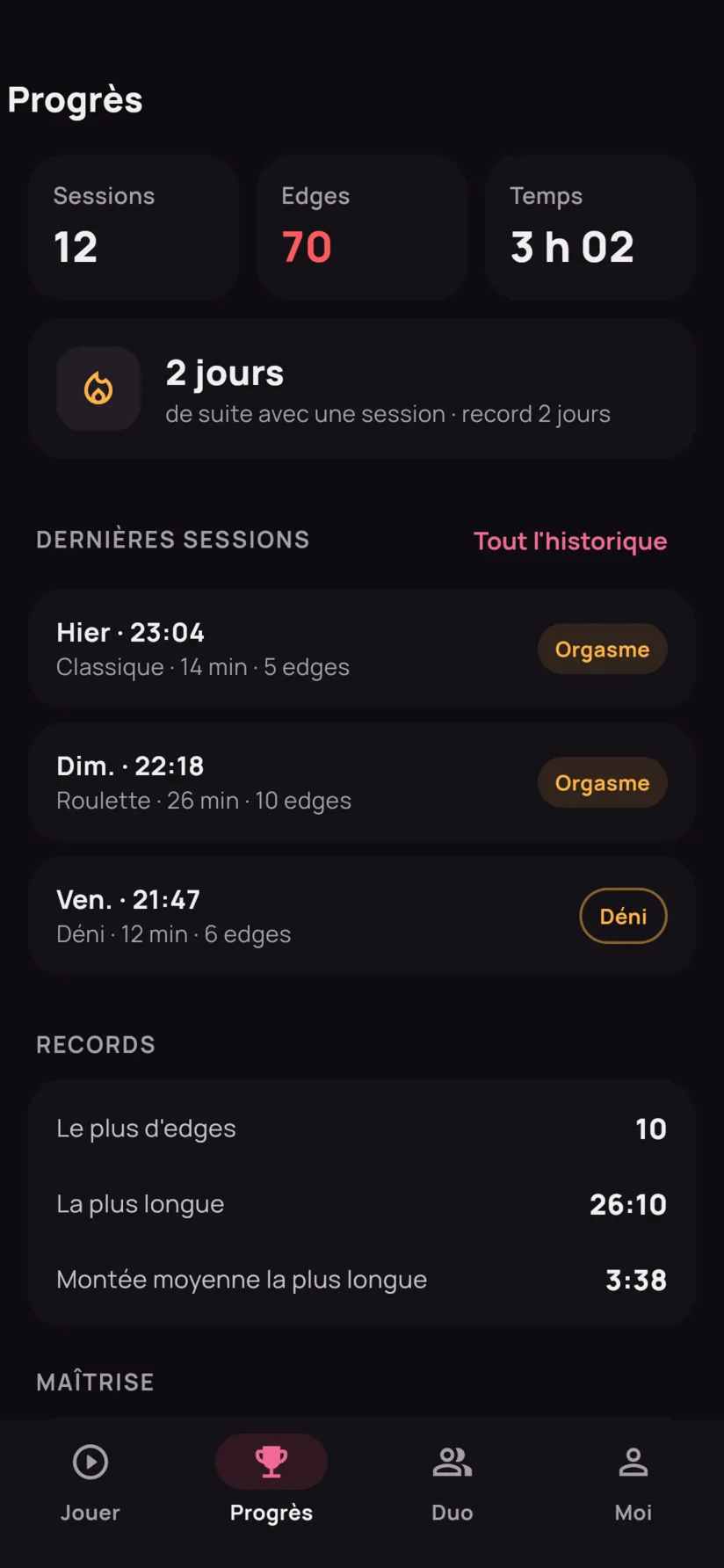 L’onglet Progrès : sessions, edges et temps total, série de deux jours et dernières sessions.