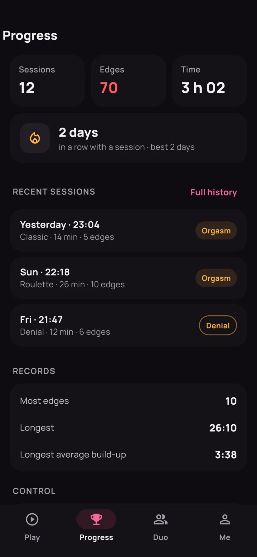 The Progress tab: sessions, edges and total time, a two-day streak and latest sessions.