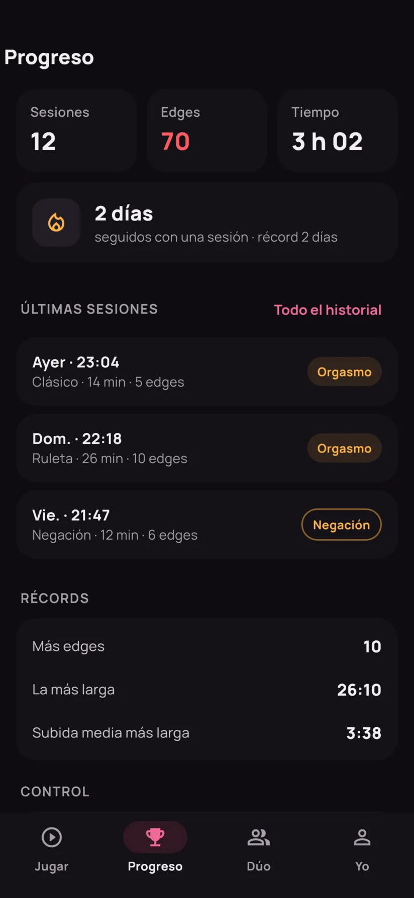 La pestaña Progreso: sesiones, edges y tiempo total, racha de dos días y últimas sesiones.