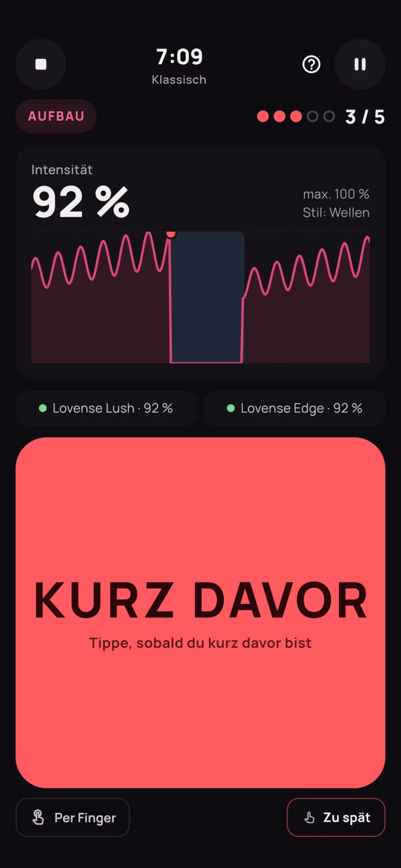 Eine Session mitten im Aufbau: Intensität bei 86 %, Wellenkurve und der große rote Button KURZ DAVOR.