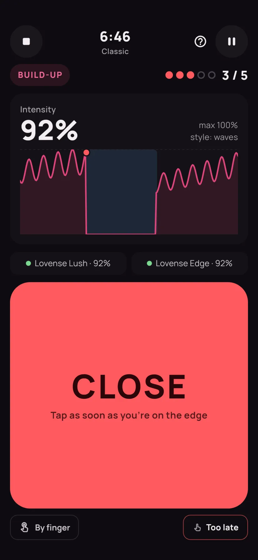 A session in full build-up: intensity at 86%, a wave curve, and the big red CLOSE button.