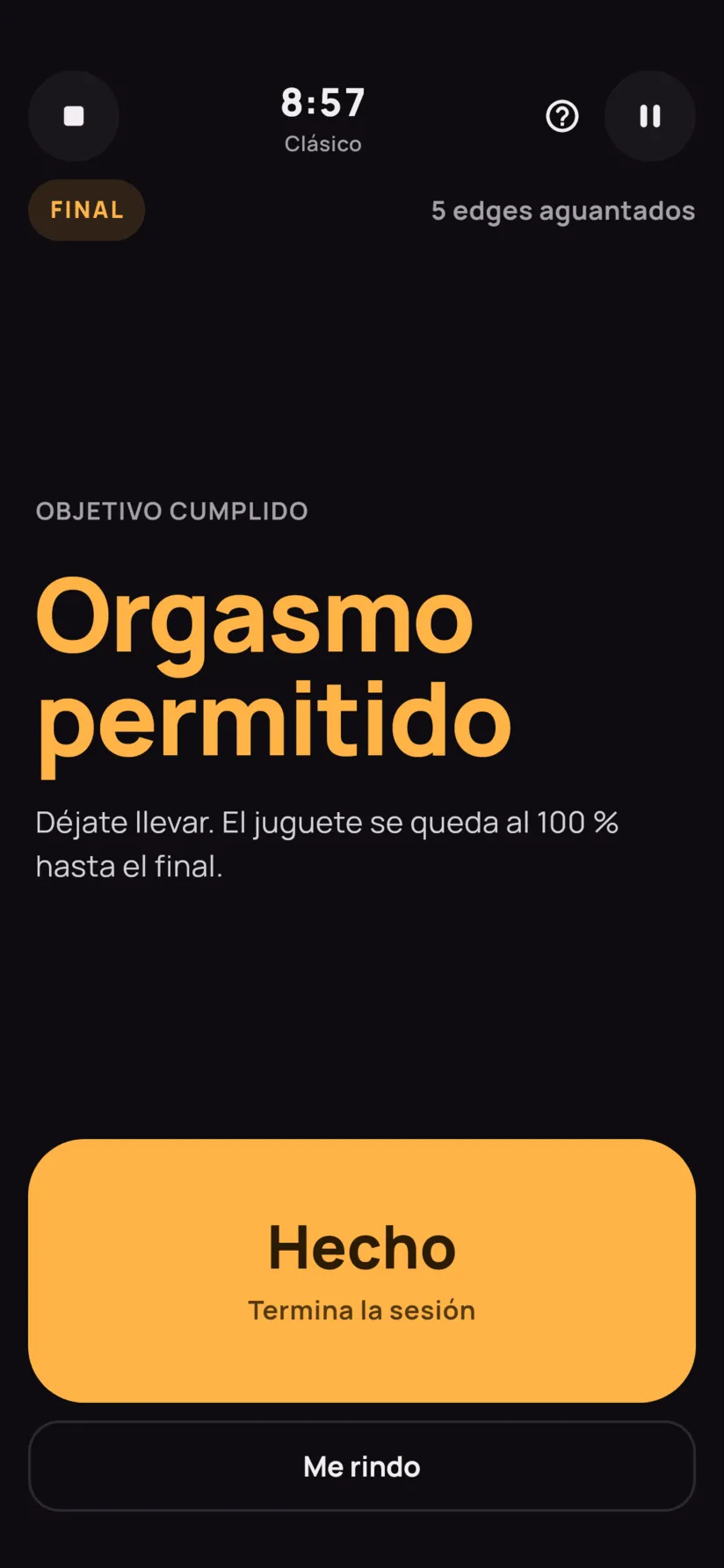 El final: objetivo cumplido, orgasmo permitido, botones Hecho y Me rindo.