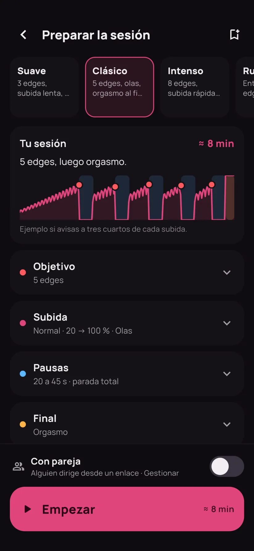 La pantalla de preparación: tarjetas de preajustes, vista previa de la sesión y botón Empezar.