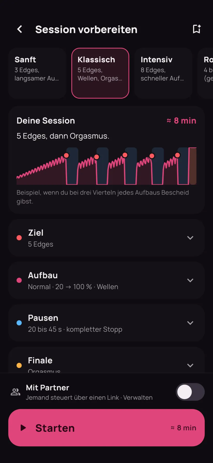 Der Vorbereitungsbildschirm: Karten mit Vorlagen, Vorschau der Session und Start-Button.