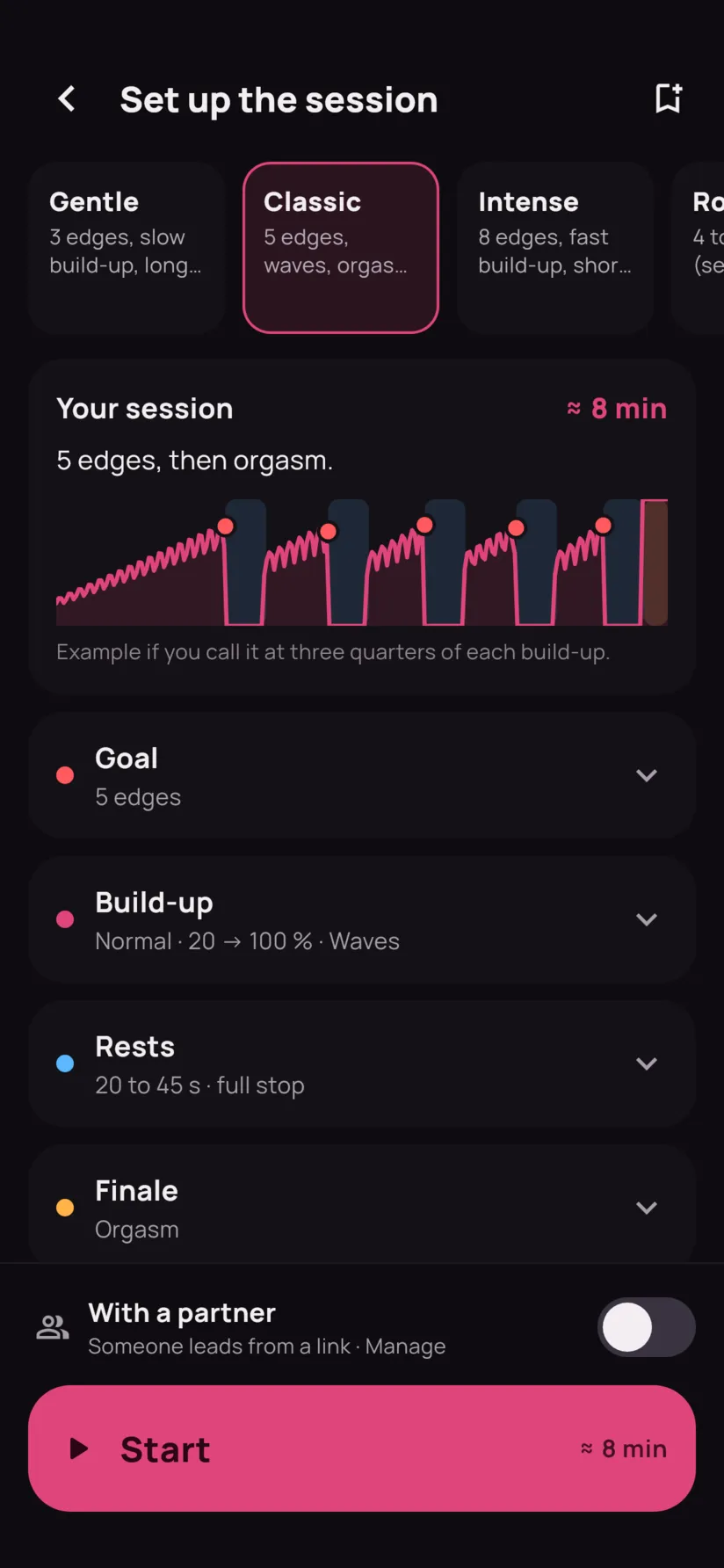 The setup screen: preset cards, a session preview and the Start button.
