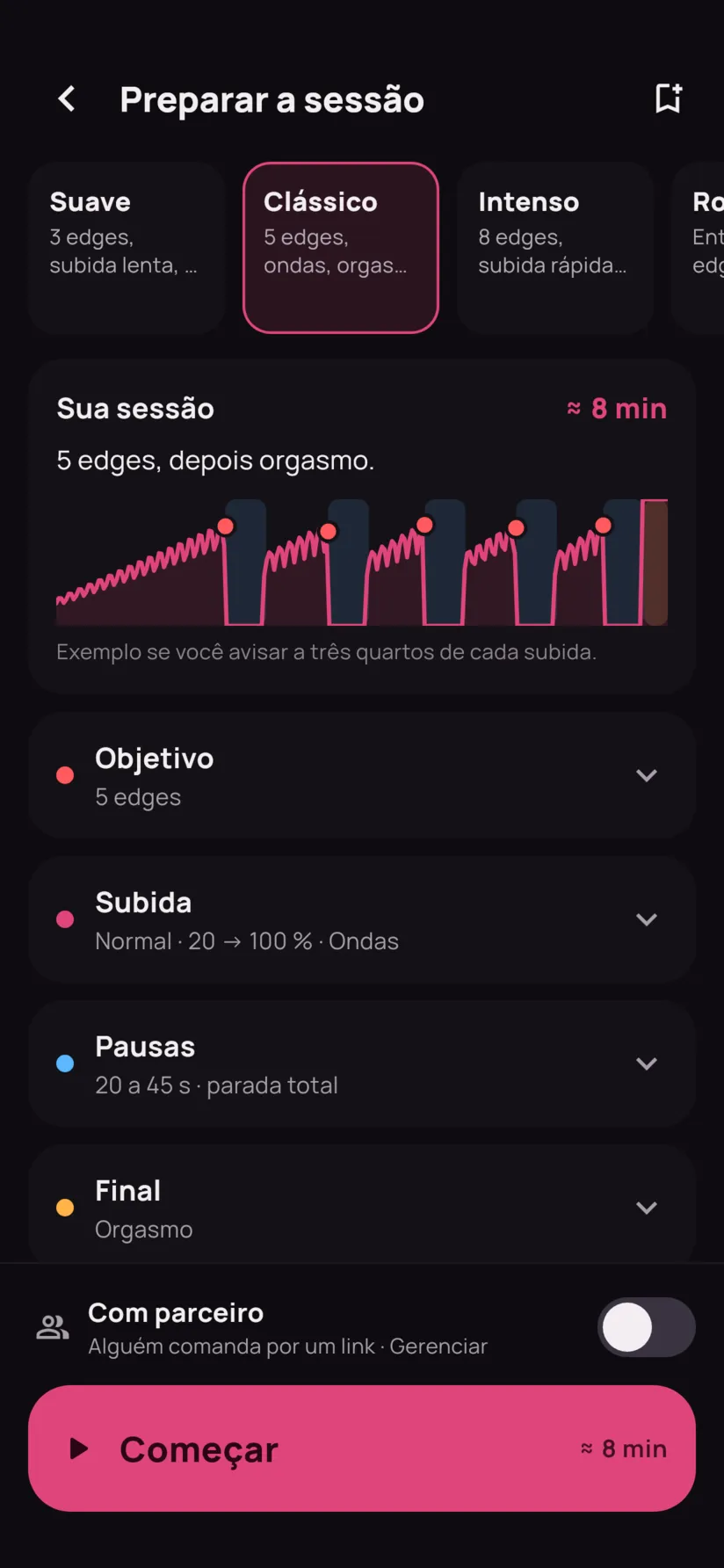A tela de preparação: cartões de predefinições, prévia da sessão e botão Começar.
