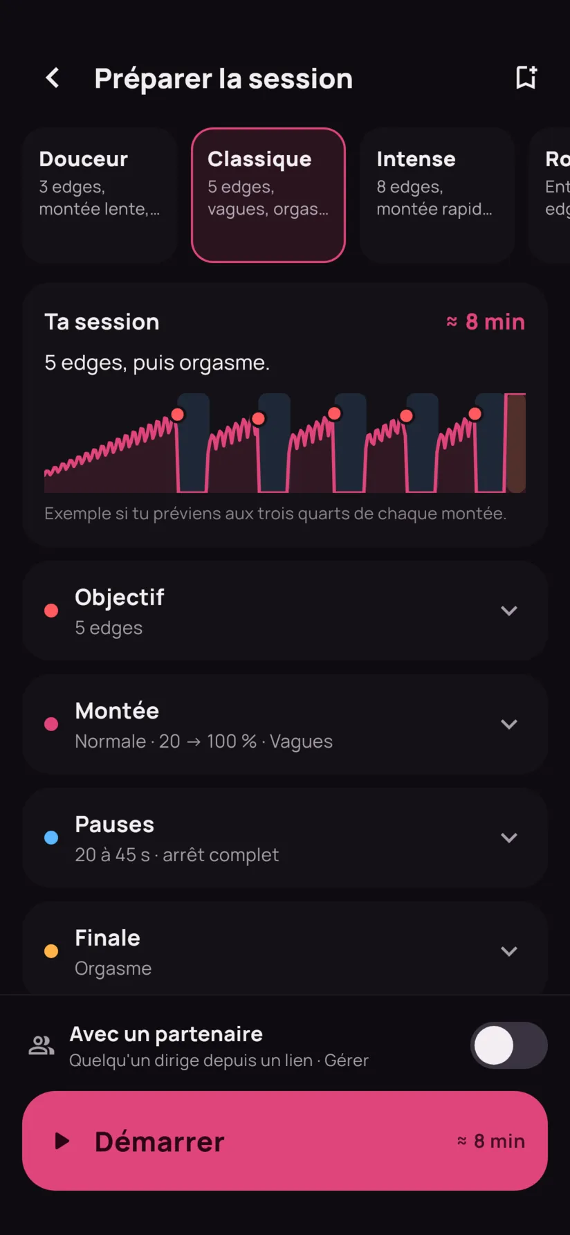 L'écran de préparation : cartes de préréglages, aperçu de la session et bouton Démarrer.