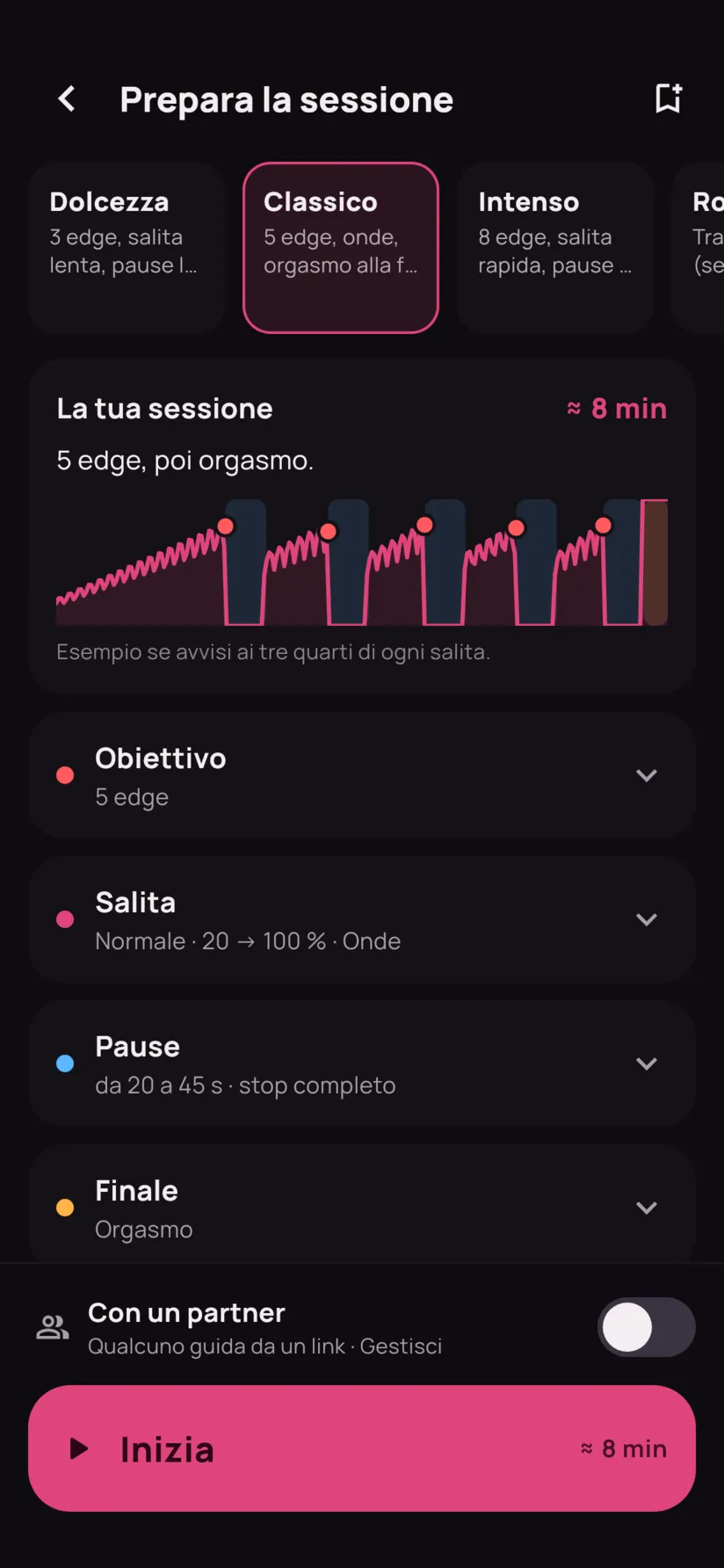 La schermata di preparazione: schede dei preset, anteprima della sessione e pulsante Inizia.