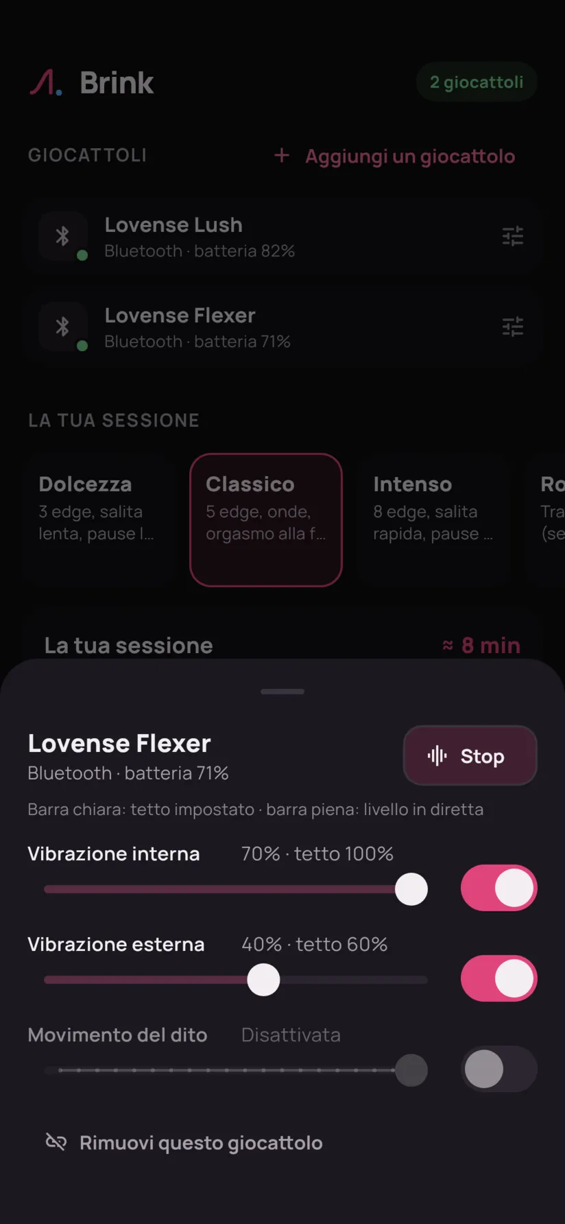 Le impostazioni di un Lovense Flexer: vibrazioni interna ed esterna limitate, movimento del dito disattivato.
