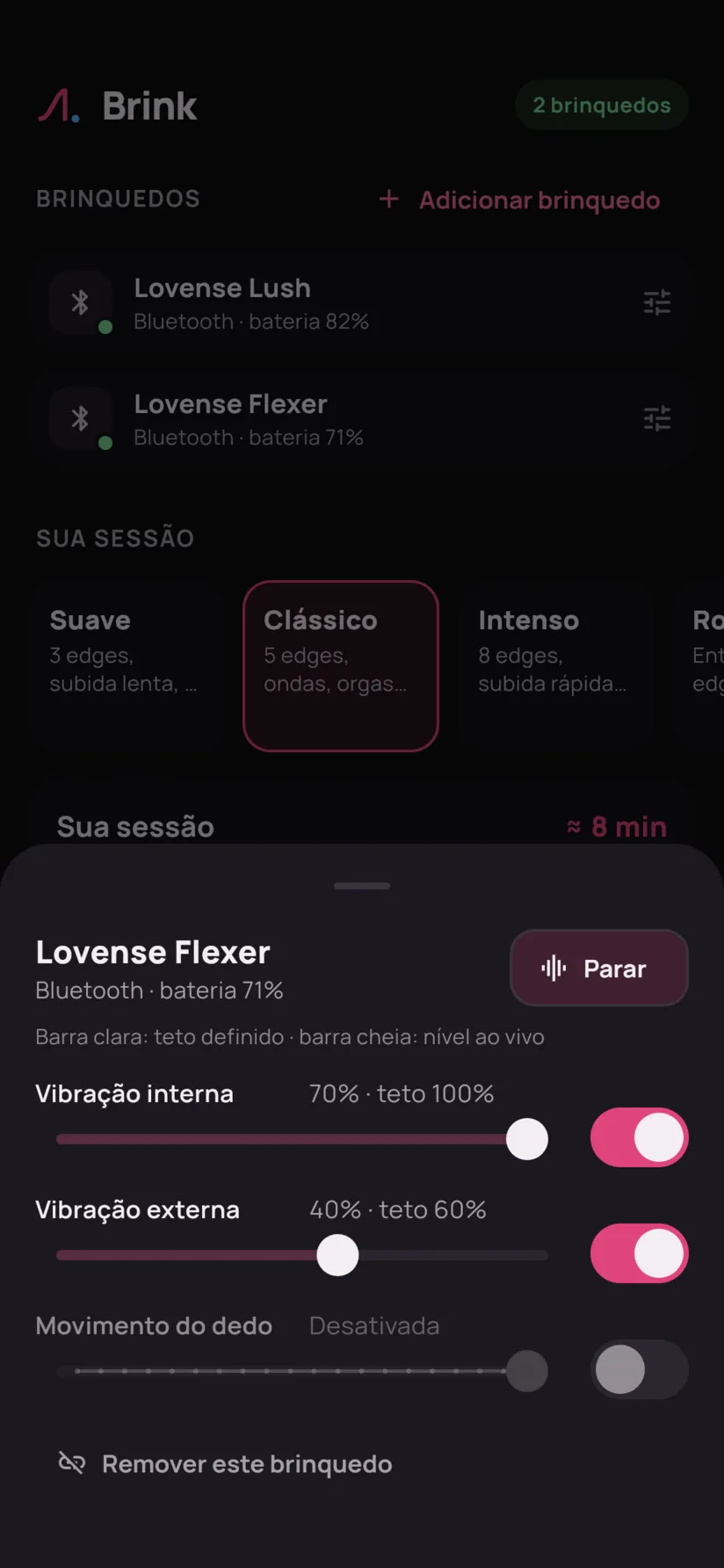 Os ajustes de um Lovense Flexer: vibrações interna e externa limitadas, movimento do dedo desativado.