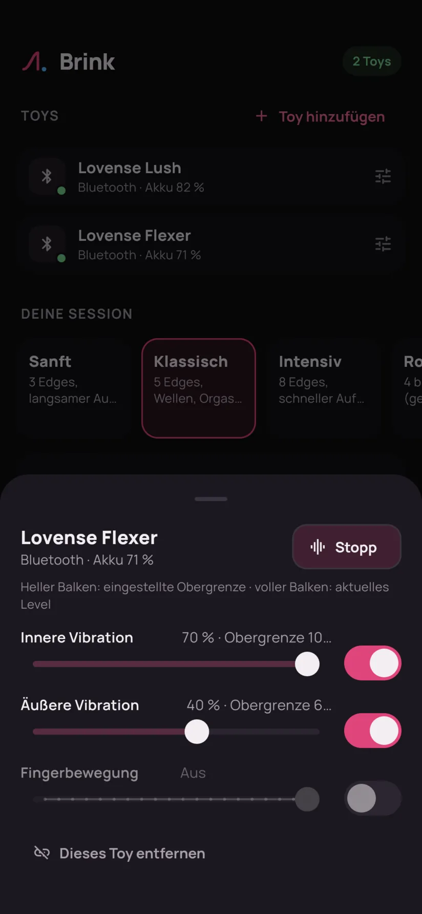 Die Einstellungen eines Lovense Flexer: innere und äußere Vibration begrenzt, Fingerbewegung deaktiviert.