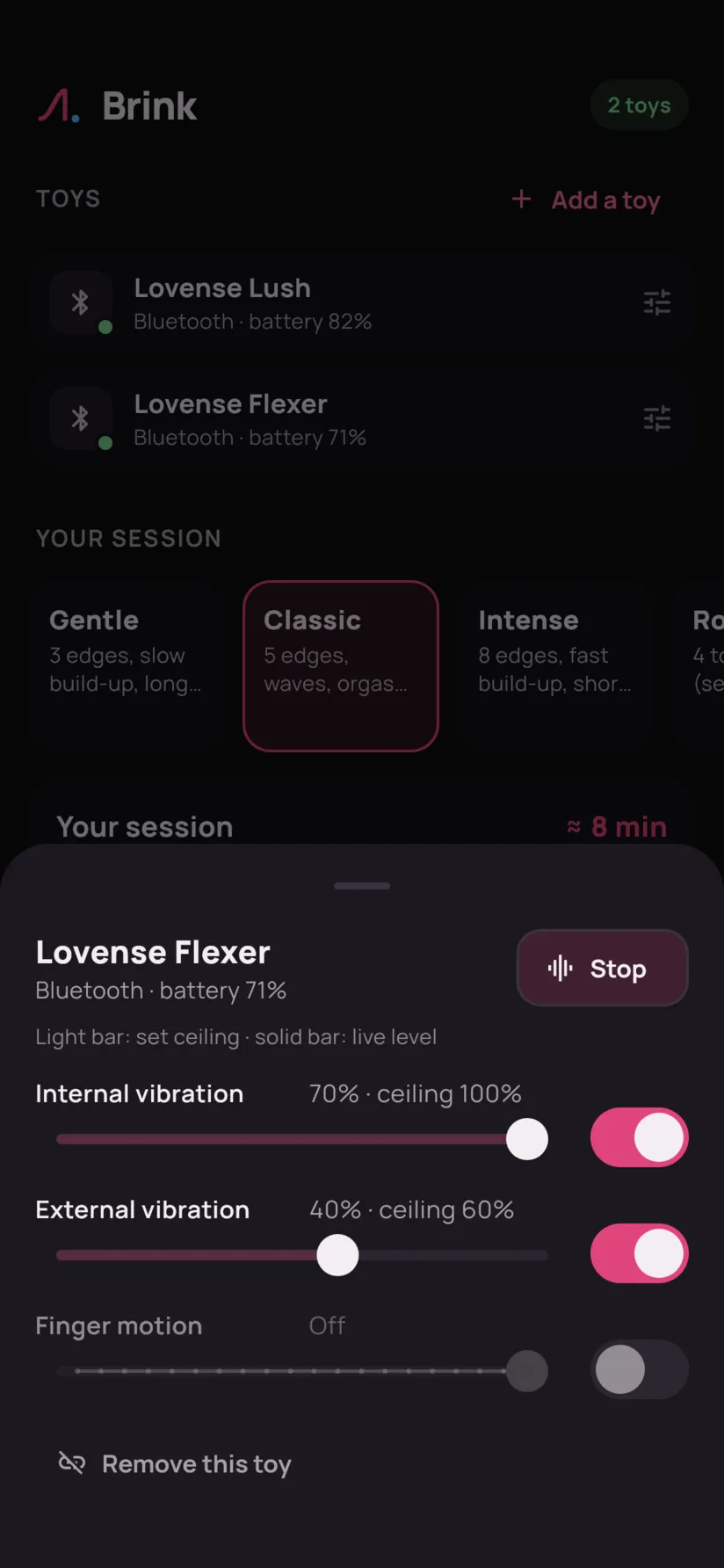 The settings of a Lovense Flexer: internal and external vibrations capped, finger motion turned off.